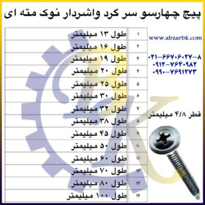 پیچ چهارسو سر گرد واشردار نوک مته ای بازرگانی ابزارآلات صنعتی بهنام کریمی ABZARBK