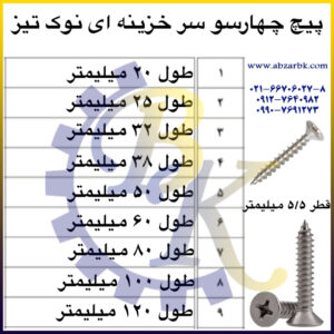 پیچ چهارسو سر خزینه ای نوک تیز بازرگانی ابزارآلات صنعتی بهنام کریمی ABZARBK