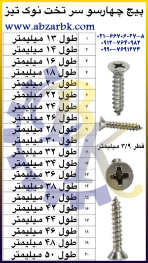 پیچ چهارسو سر تخت نوک تیز بازرگانی ابزارآلات صنعتی بهنام کریمی ABZARBK
